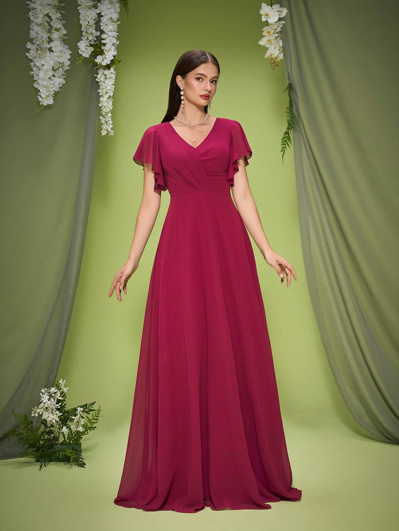 Leely Elegant V Neck Flare Sleeve Evening Gown