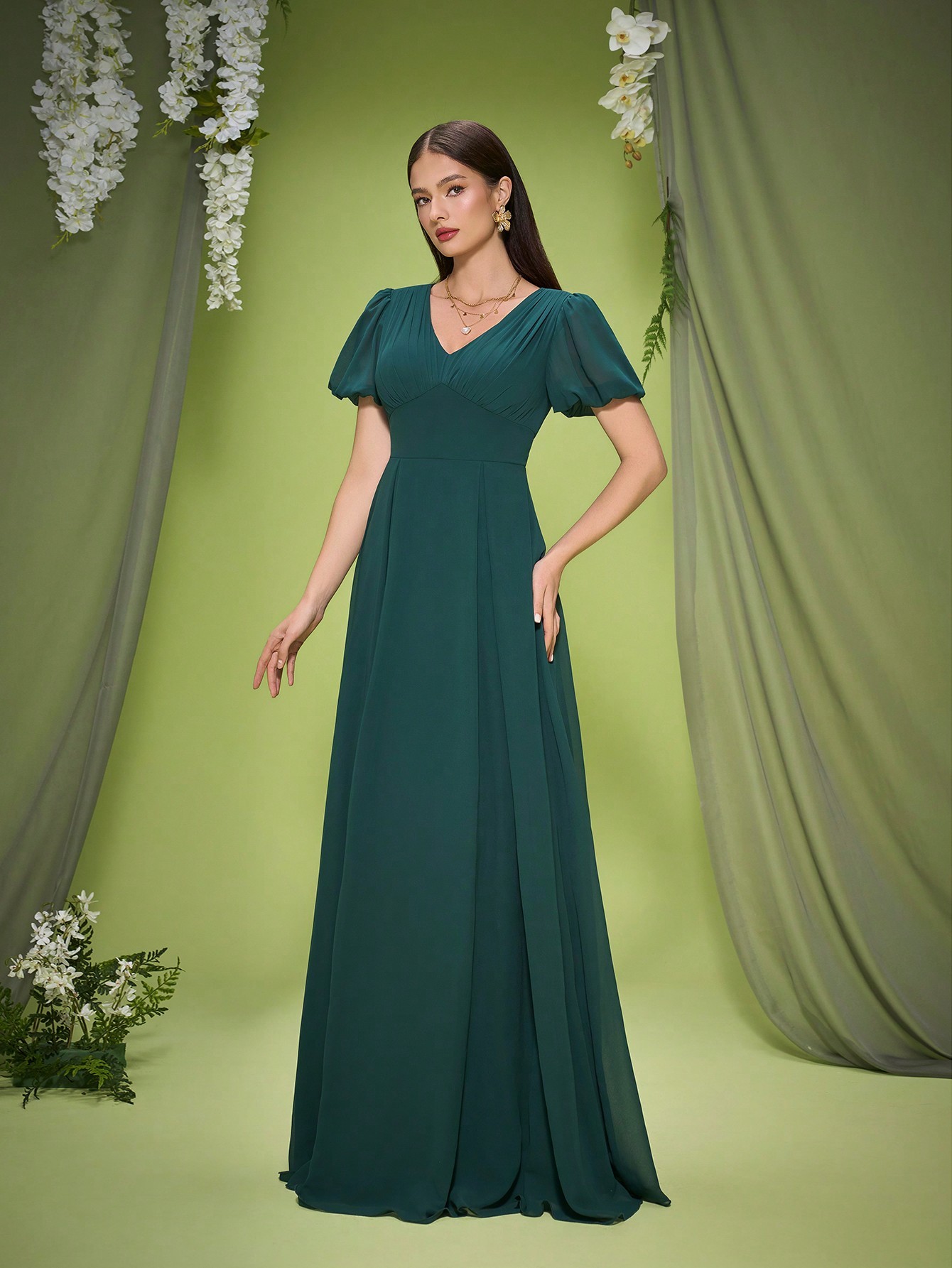 Leely Elegant V Neck Bishop Sleeve Evening Gown