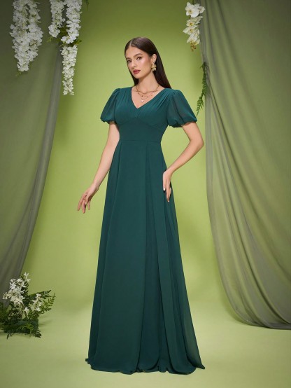 Leely Elegant V Neck Bishop Sleeve Evening Gown