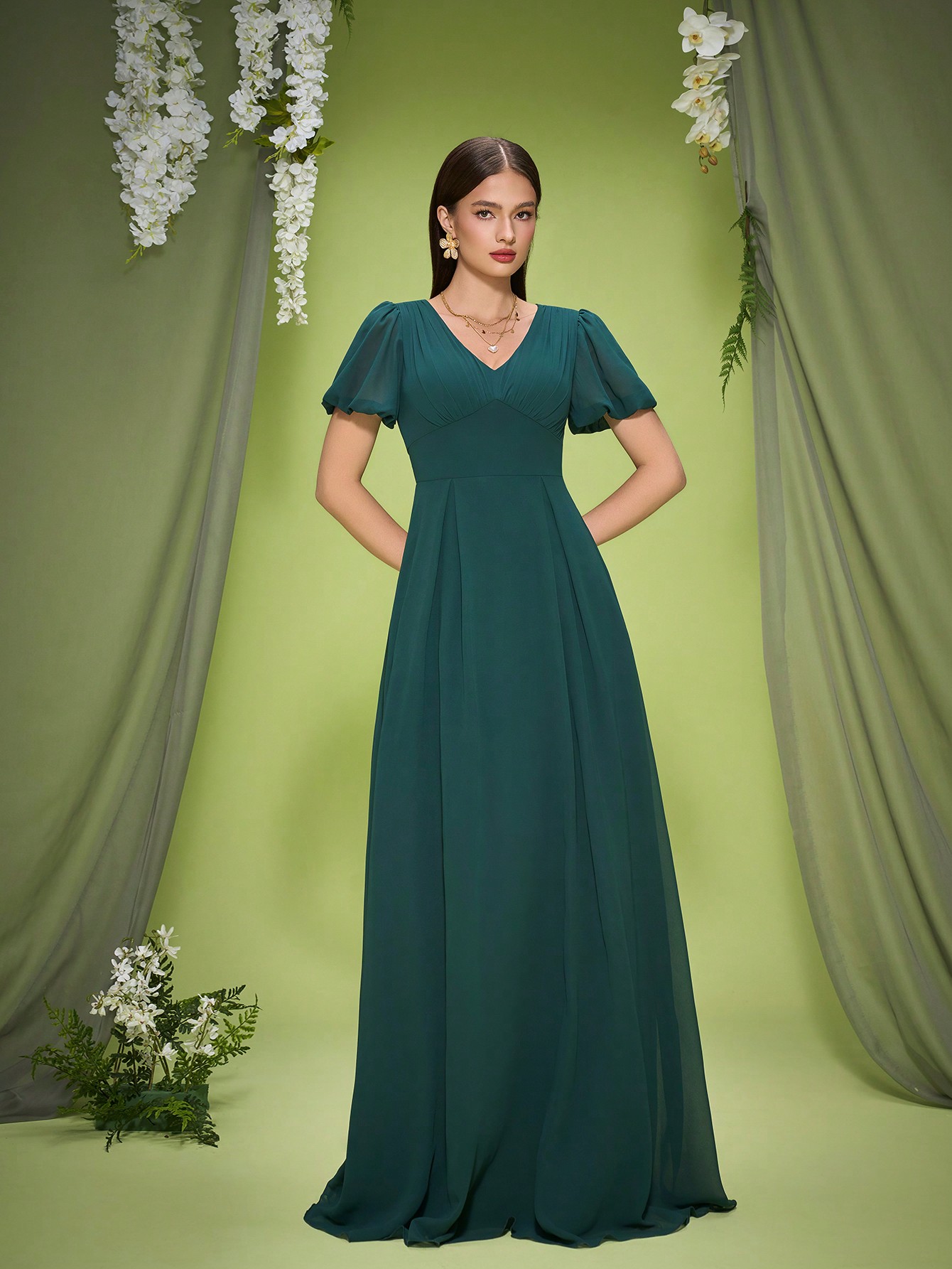 Leely Elegant V Neck Bishop Sleeve Evening Gown