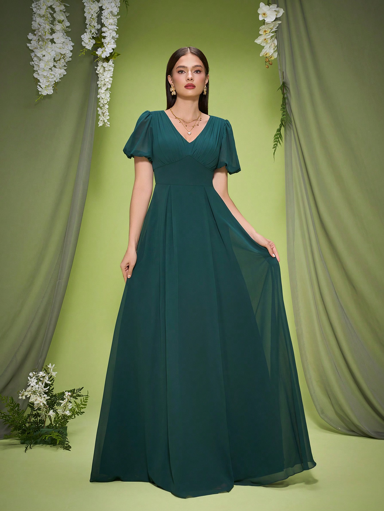 Leely Elegant V Neck Bishop Sleeve Evening Gown