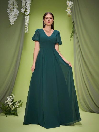 Leely Elegant V Neck Bishop Sleeve Evening Gown