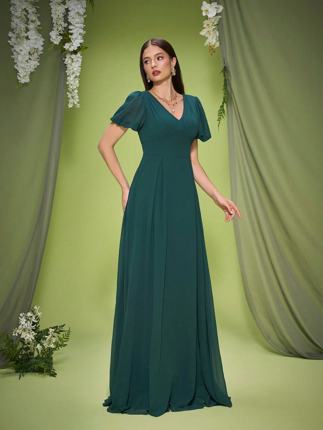 Leely Elegant V Neck Bishop Sleeve Evening Gown