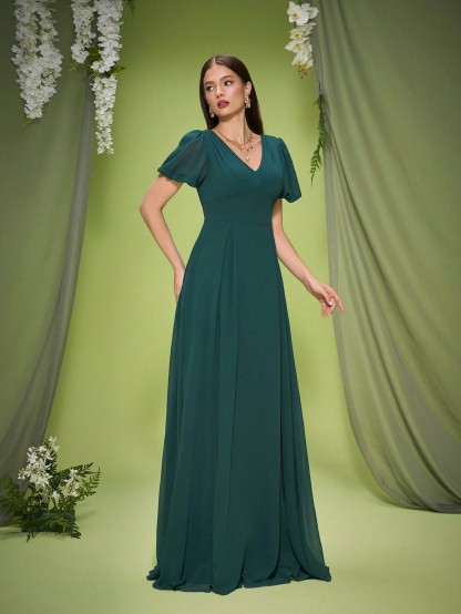 Leely Elegant V Neck Bishop Sleeve Evening Gown