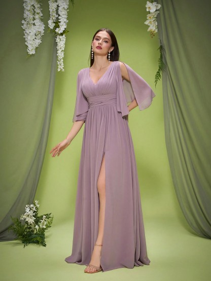 Leely Elegant V Neck Split Sleeve Lace Evening Gown