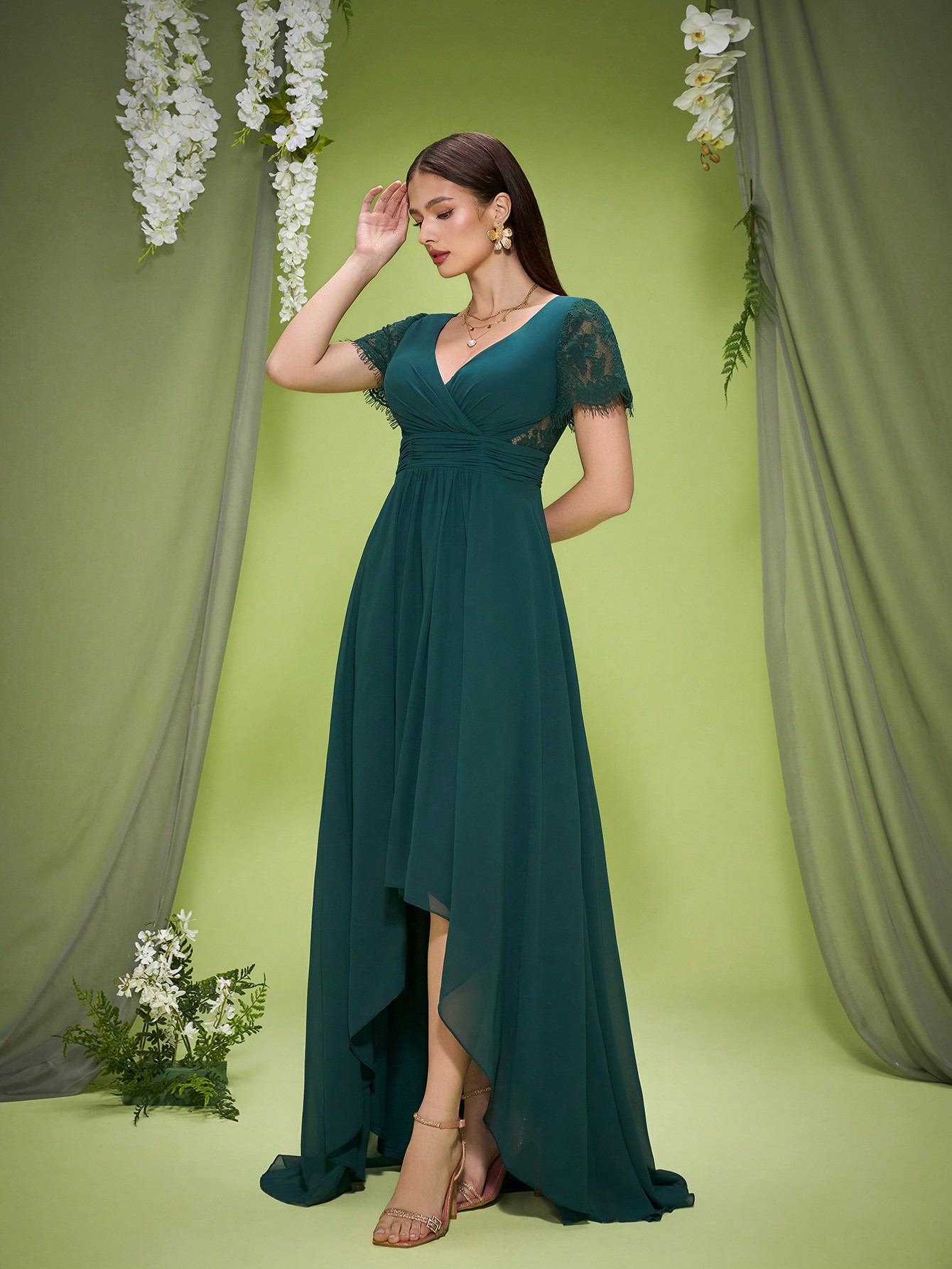 Leely Elegant V Neck Short Sleeve High-Low Hem Evening Gown