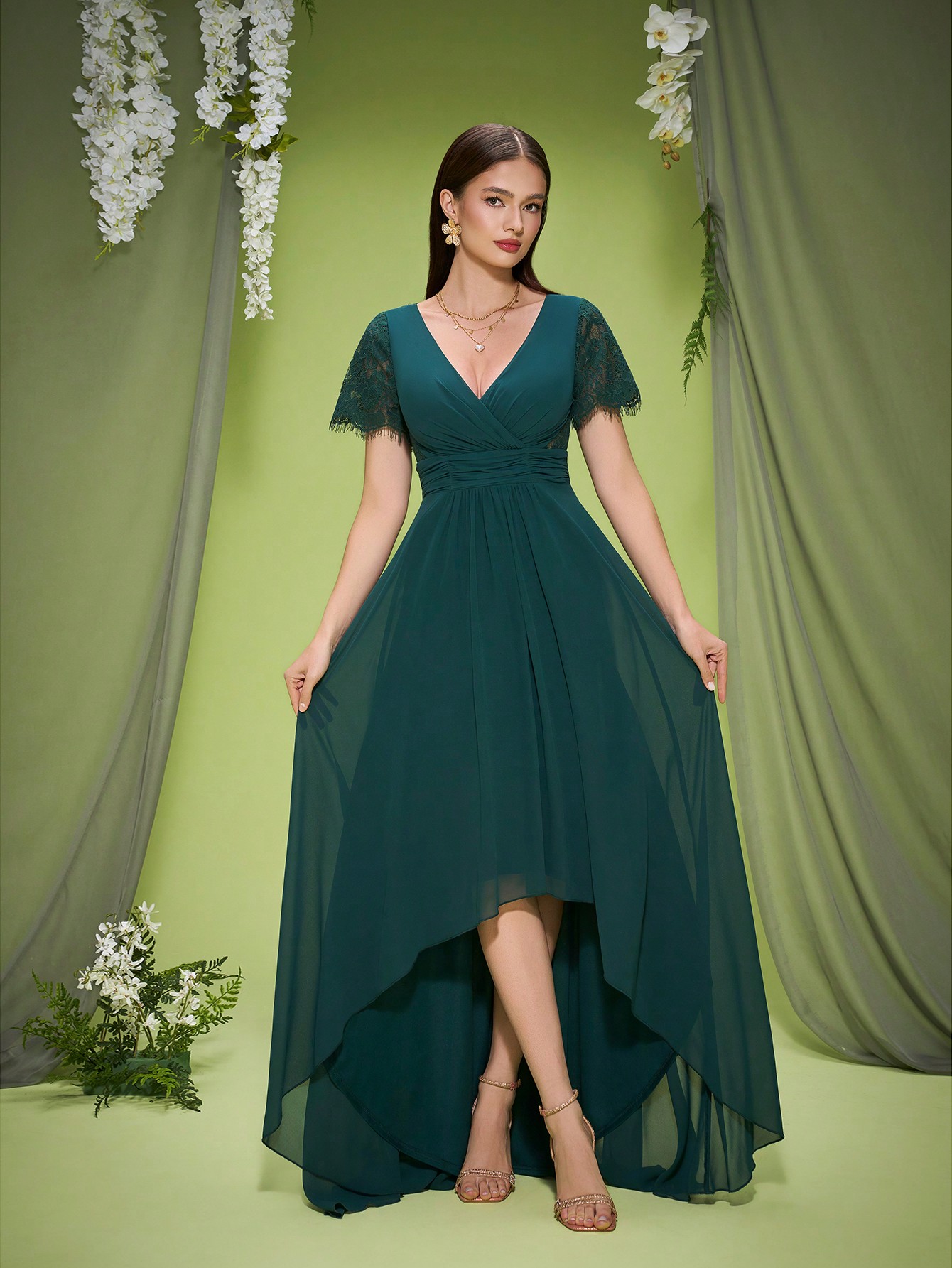 Leely Elegant V Neck Short Sleeve High-Low Hem Evening Gown