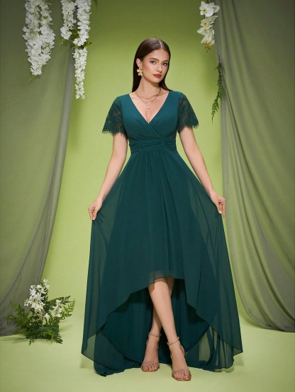 Leely Elegant V Neck Short Sleeve High-Low Hem Evening Gown