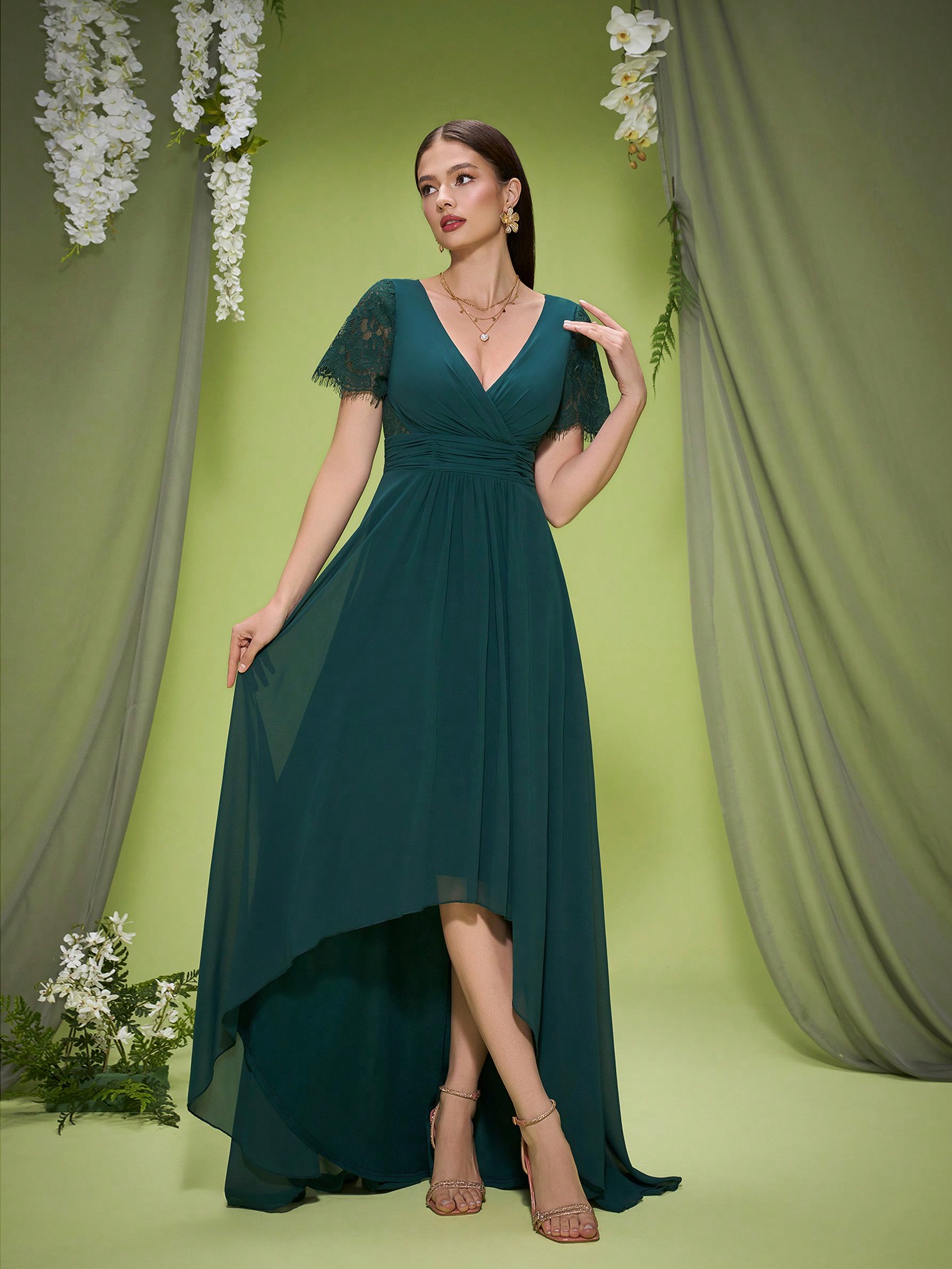 Leely Elegant V Neck Short Sleeve High-Low Hem Evening Gown