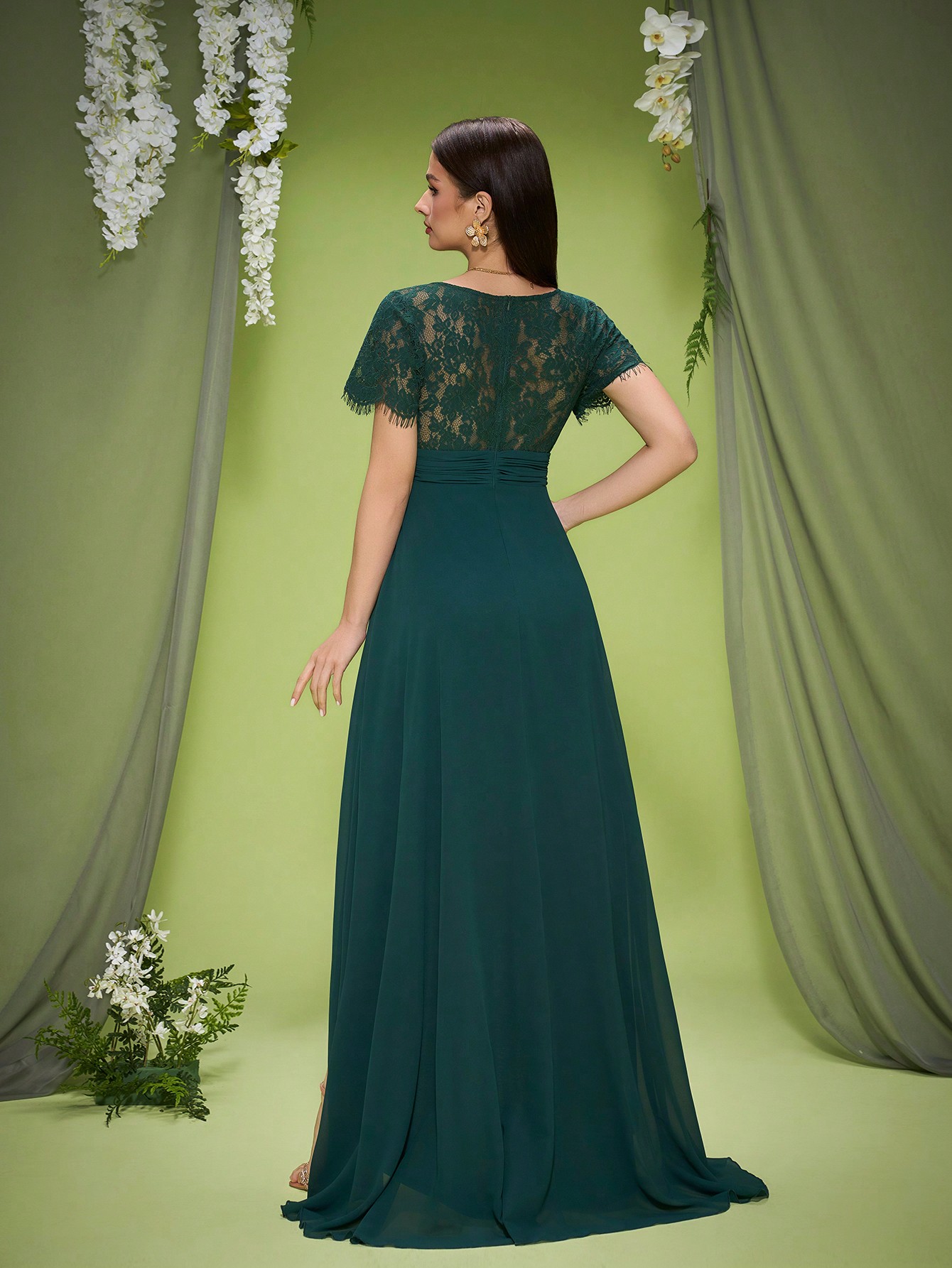 Leely Elegant V Neck Short Sleeve High-Low Hem Evening Gown