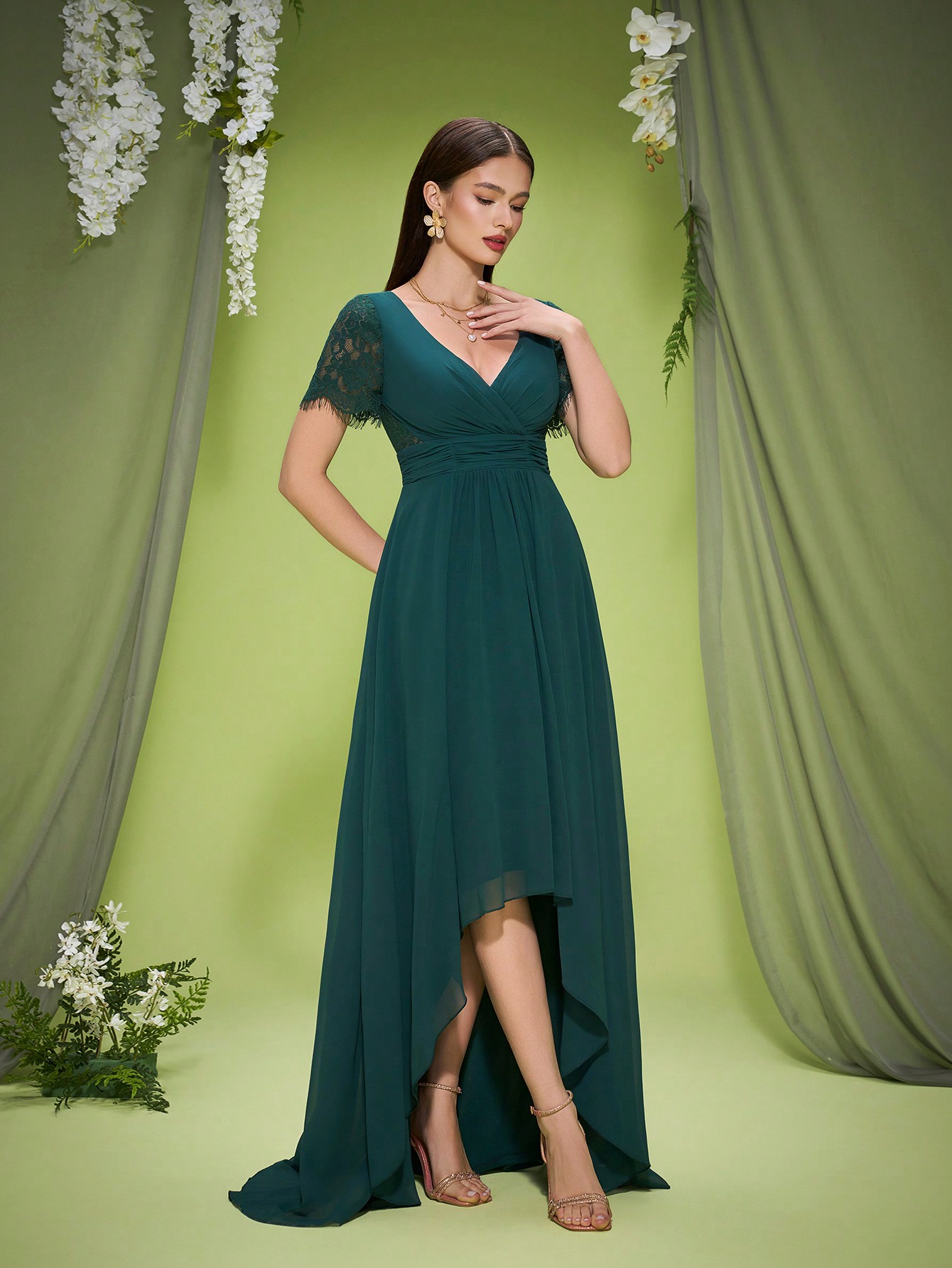 Leely Elegant V Neck Short Sleeve High-Low Hem Evening Gown