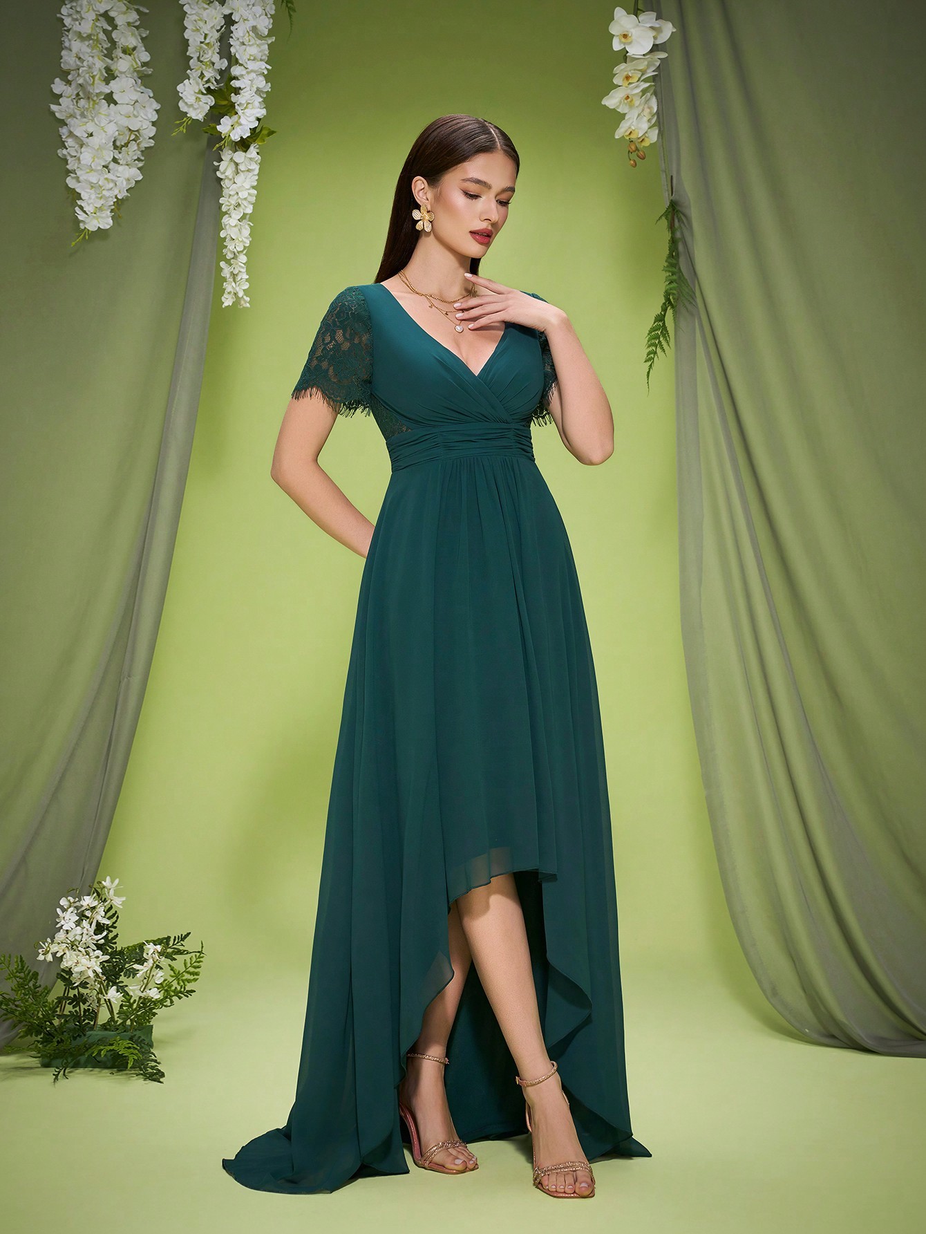 Leely Elegant V Neck Short Sleeve High-Low Hem Evening Gown