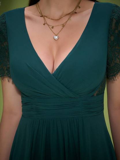 Leely Elegant V Neck Short Sleeve High-Low Hem Evening Gown