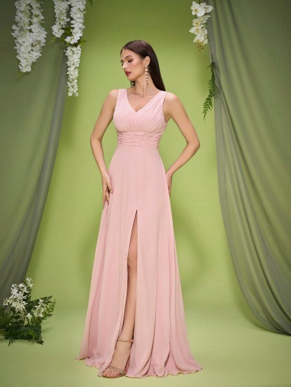 Leely Elegant V Neck Sleeveless Evening Gown