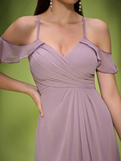 Leely Elegant Spaghetti Straps Cold Shoulder Sleeve Evening Gown