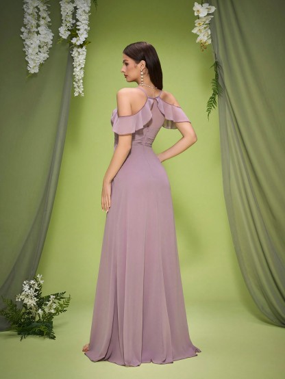 Leely Elegant Spaghetti Straps Cold Shoulder Sleeve Evening Gown