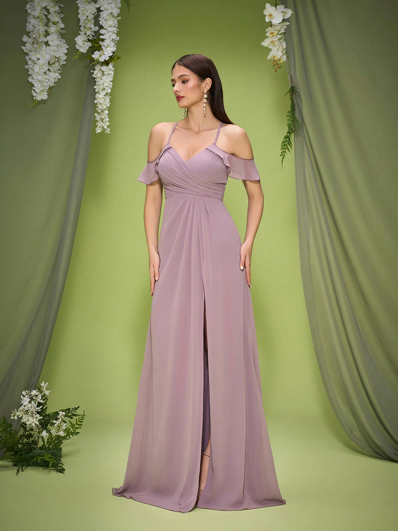 Leely Elegant Spaghetti Straps Cold Shoulder Sleeve Evening Gown