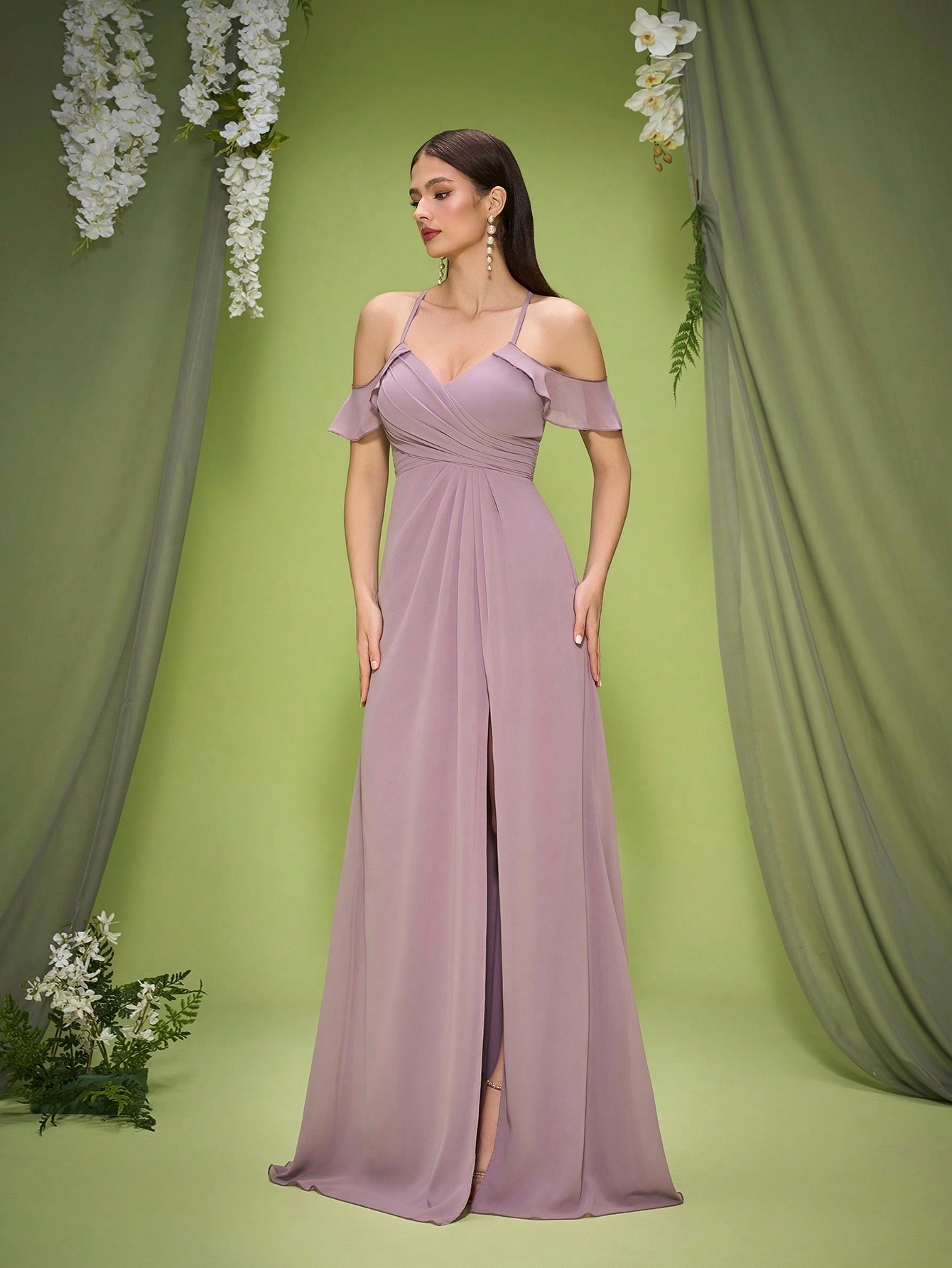 Leely Elegant Spaghetti Straps Cold Shoulder Sleeve Evening Gown