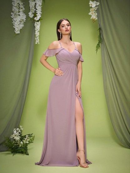 Leely Elegant Spaghetti Straps Cold Shoulder Sleeve Evening Gown