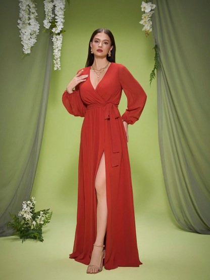 Leely Elegant V Neck Bishop Sleeve Evening Gown