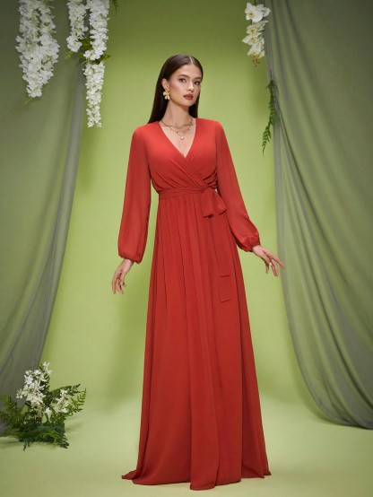 Leely Elegant V Neck Bishop Sleeve Evening Gown