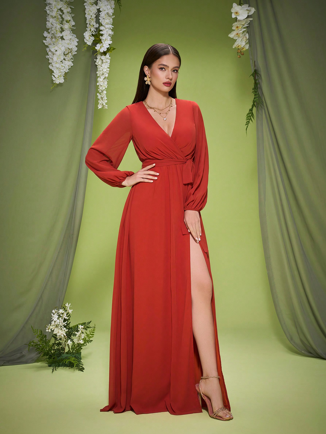 Leely Elegant V Neck Bishop Sleeve Evening Gown
