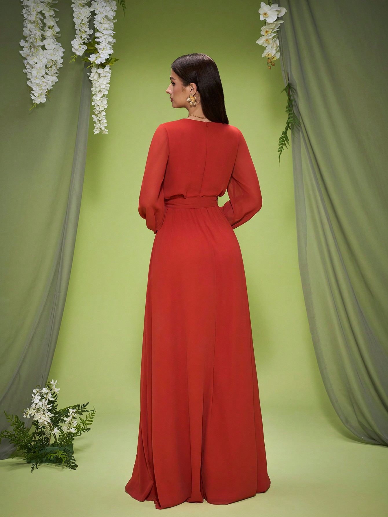 Leely Elegant V Neck Bishop Sleeve Evening Gown