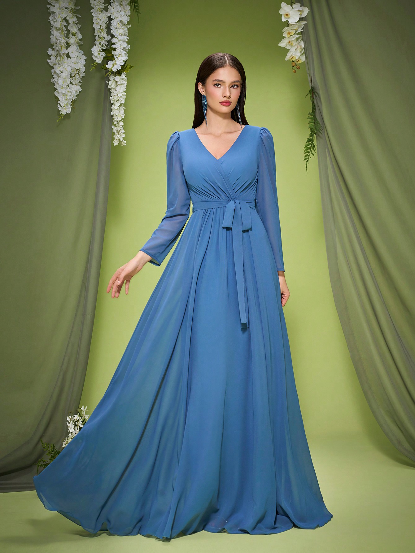 Leely Elegant V Neck Long Sleeve Evening Gown
