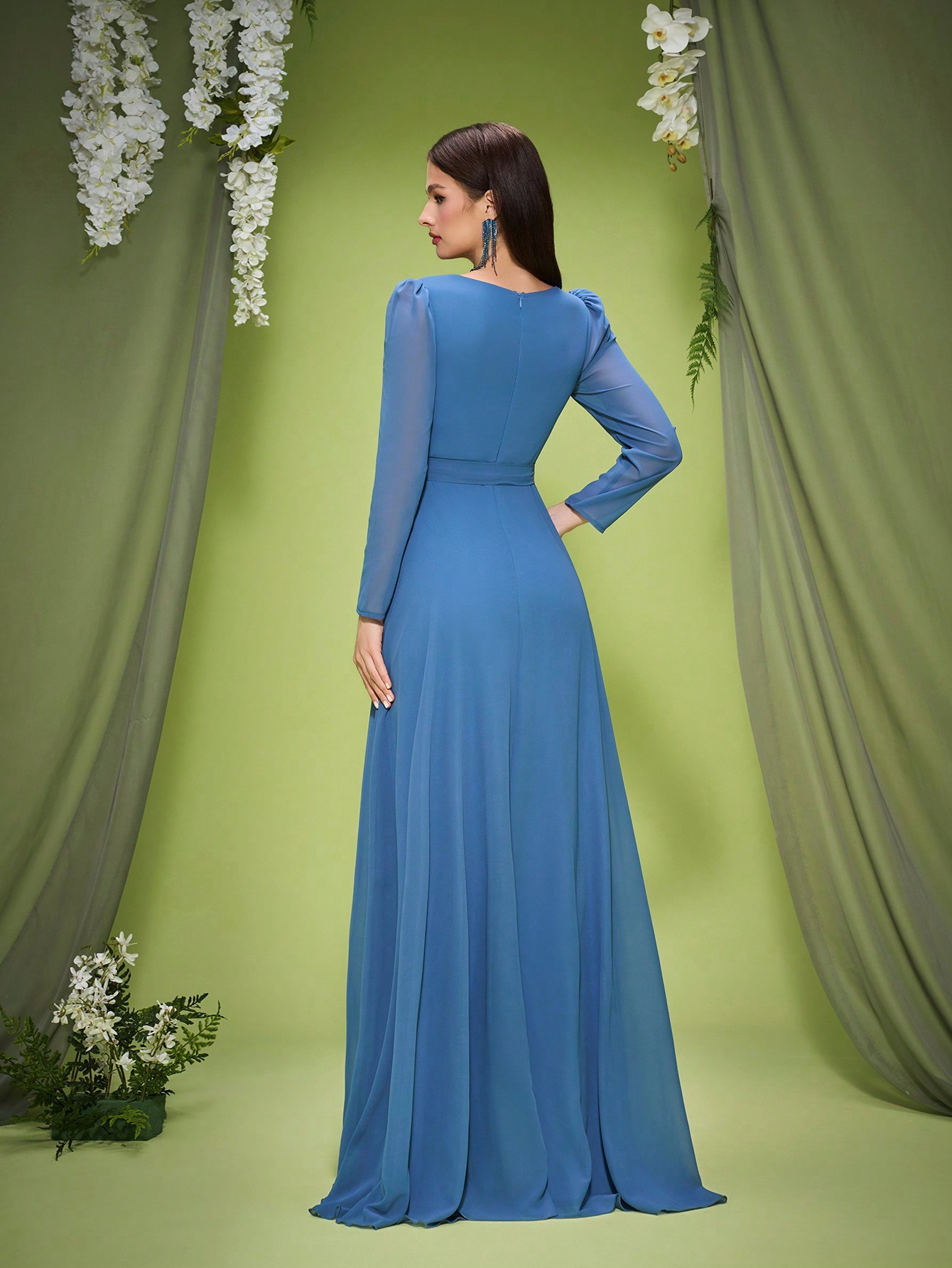 Leely Elegant V Neck Long Sleeve Evening Gown