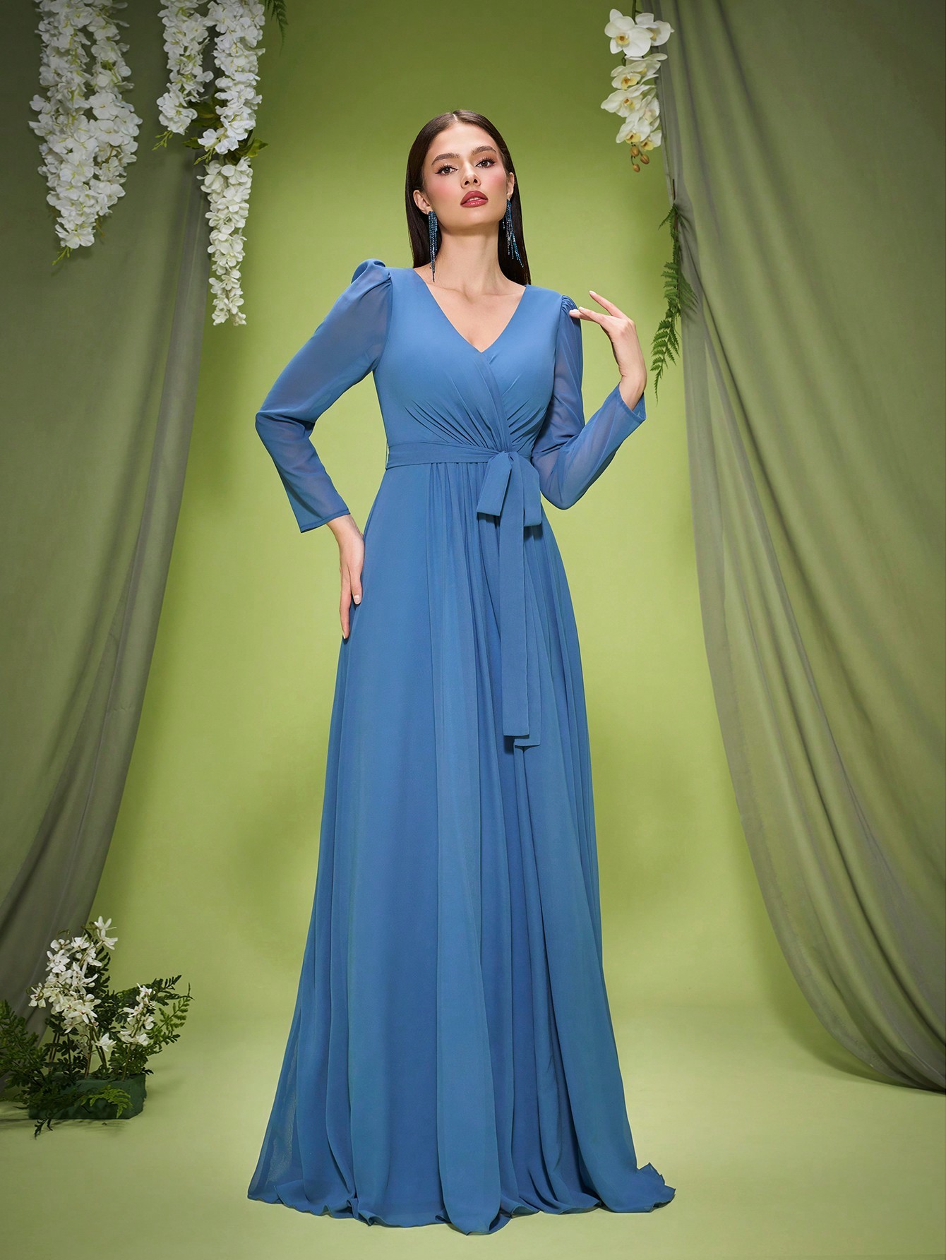Leely Elegant V Neck Long Sleeve Evening Gown