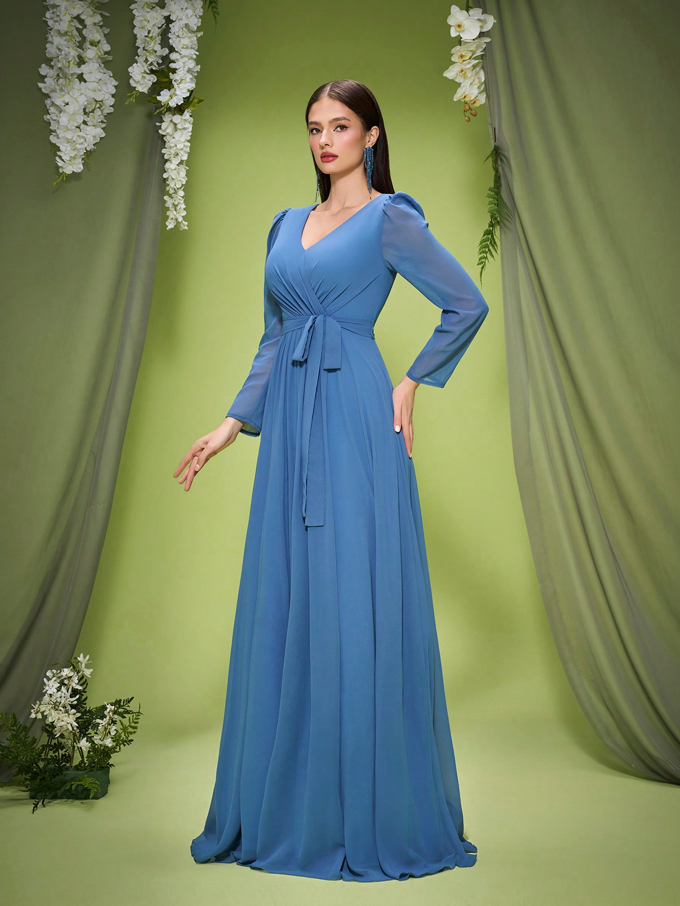 Leely Elegant V Neck Long Sleeve Evening Gown
