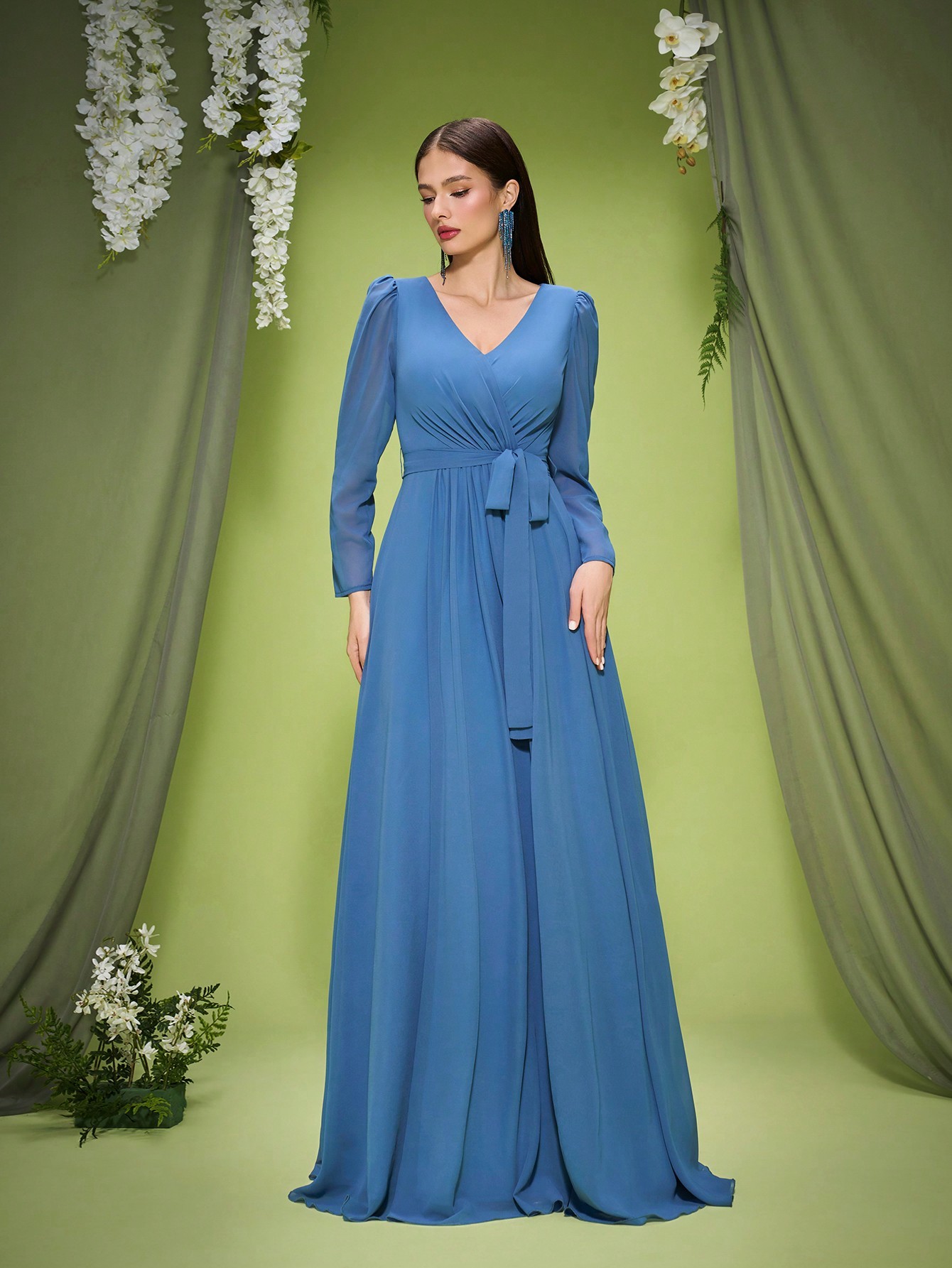 Leely Elegant V Neck Long Sleeve Evening Gown