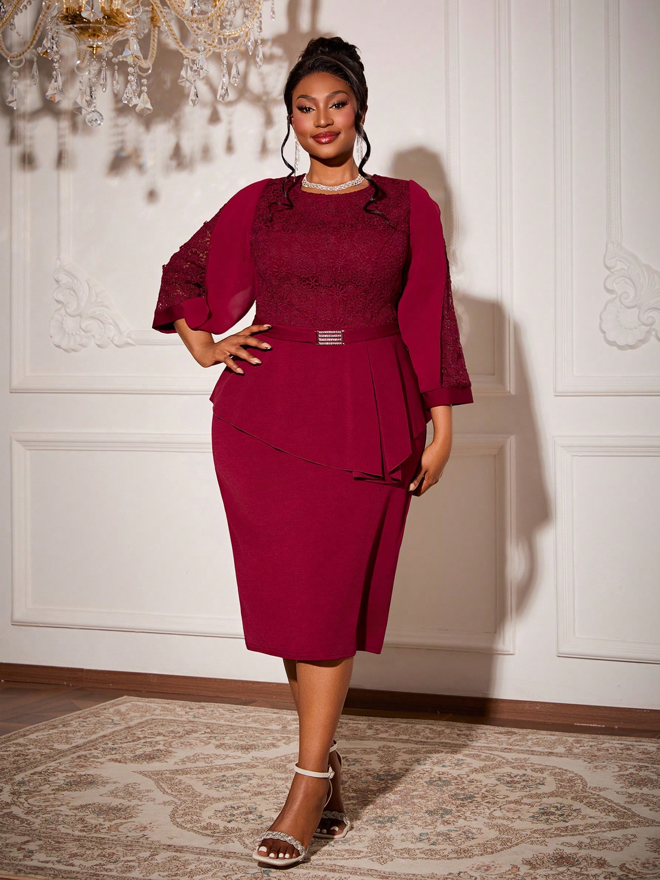 Leely Women's Elegant Sweetheart Cloak Sleeve Lace A-Line Dress