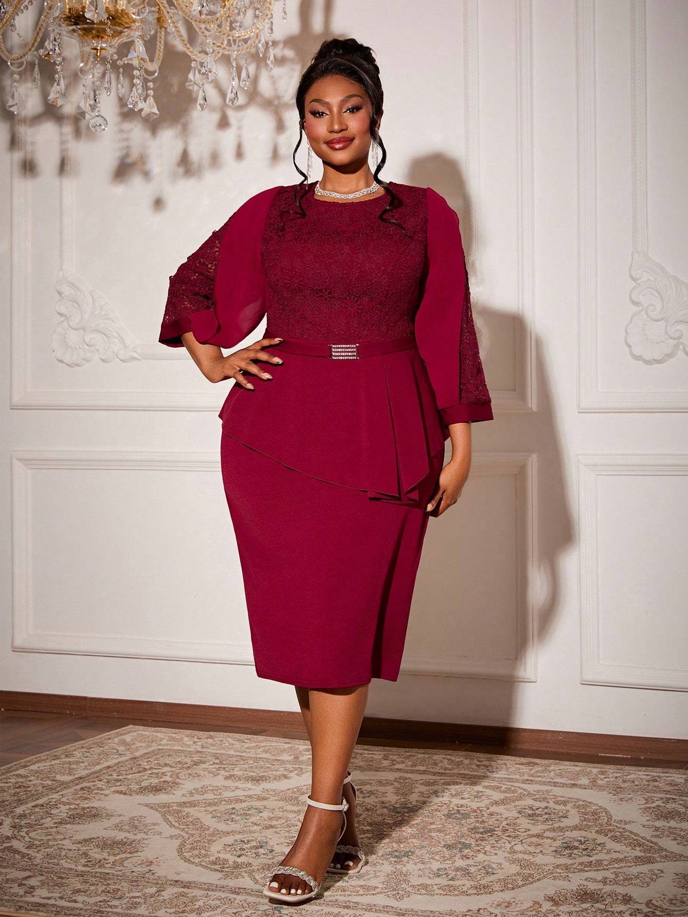 Leely Women's Elegant Sweetheart Cloak Sleeve Lace A-Line Dress
