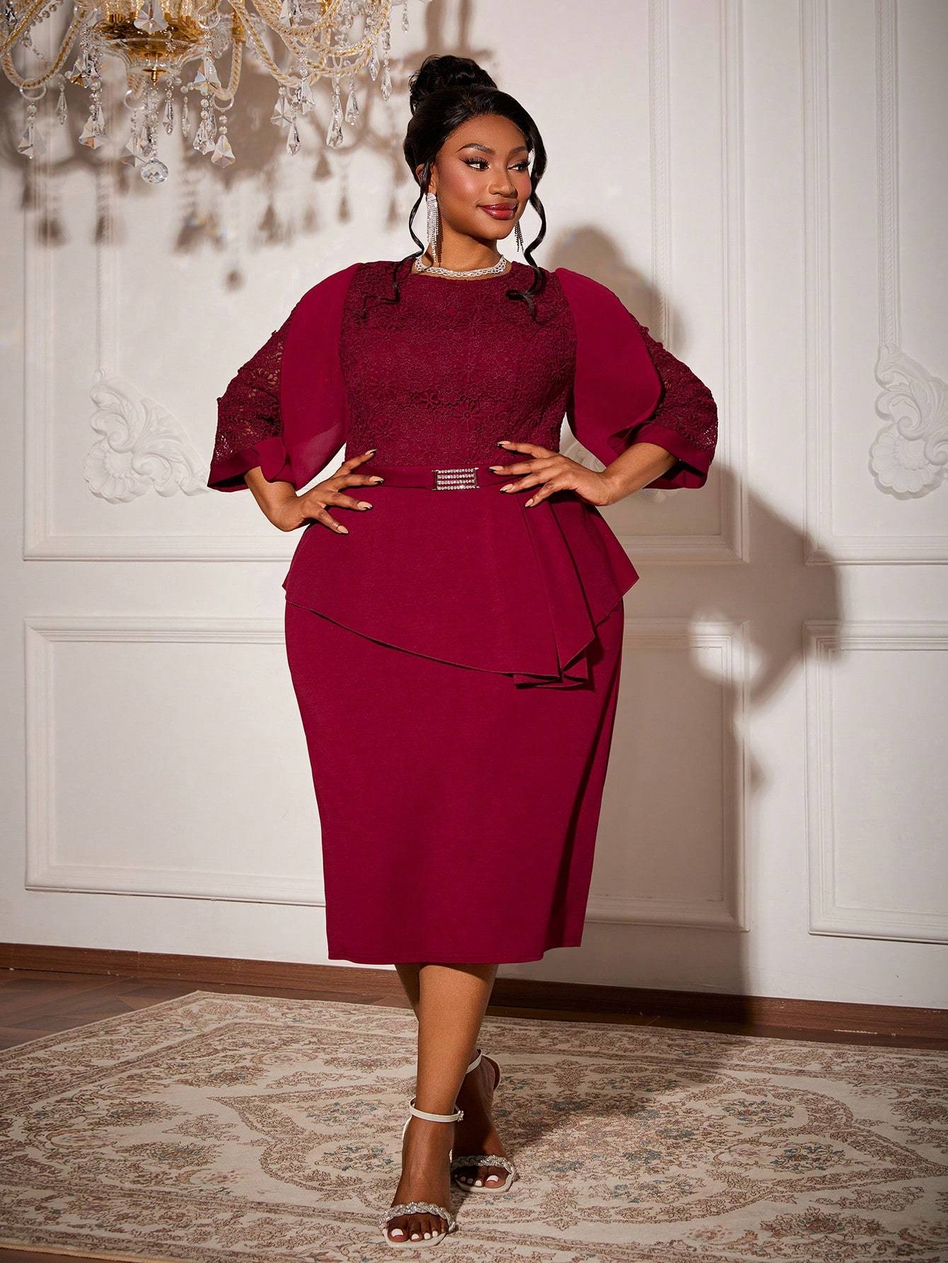 Leely Plus Women's Elegant Round Neck Three Quarter Length Sleeve Party Dresses