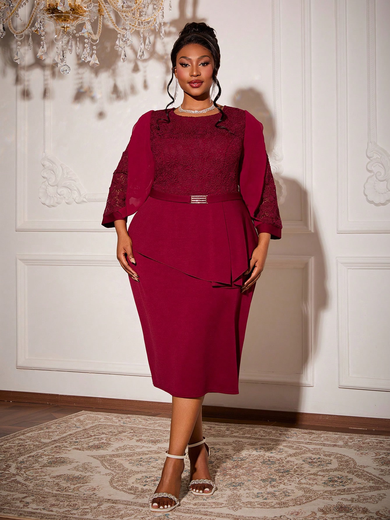 Leely Plus Women's Elegant Round Neck Three Quarter Length Sleeve Party Dresses