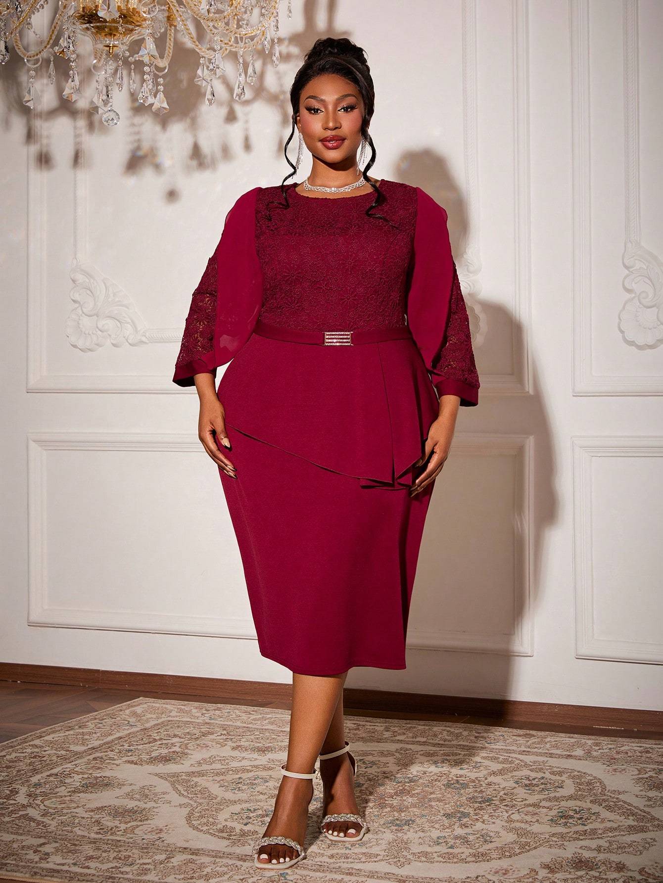 Leely Plus Women's Elegant Round Neck Three Quarter Length Sleeve Party Dresses