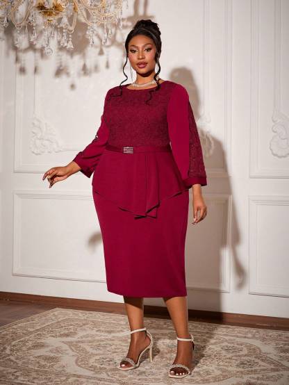 Leely Plus Women's Elegant Round Neck Three Quarter Length Sleeve Party Dresses