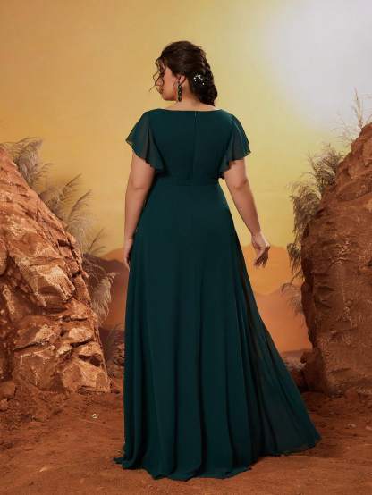 Leely Plus Women's Elegant V Neck Flounce Sleeve Party Dress