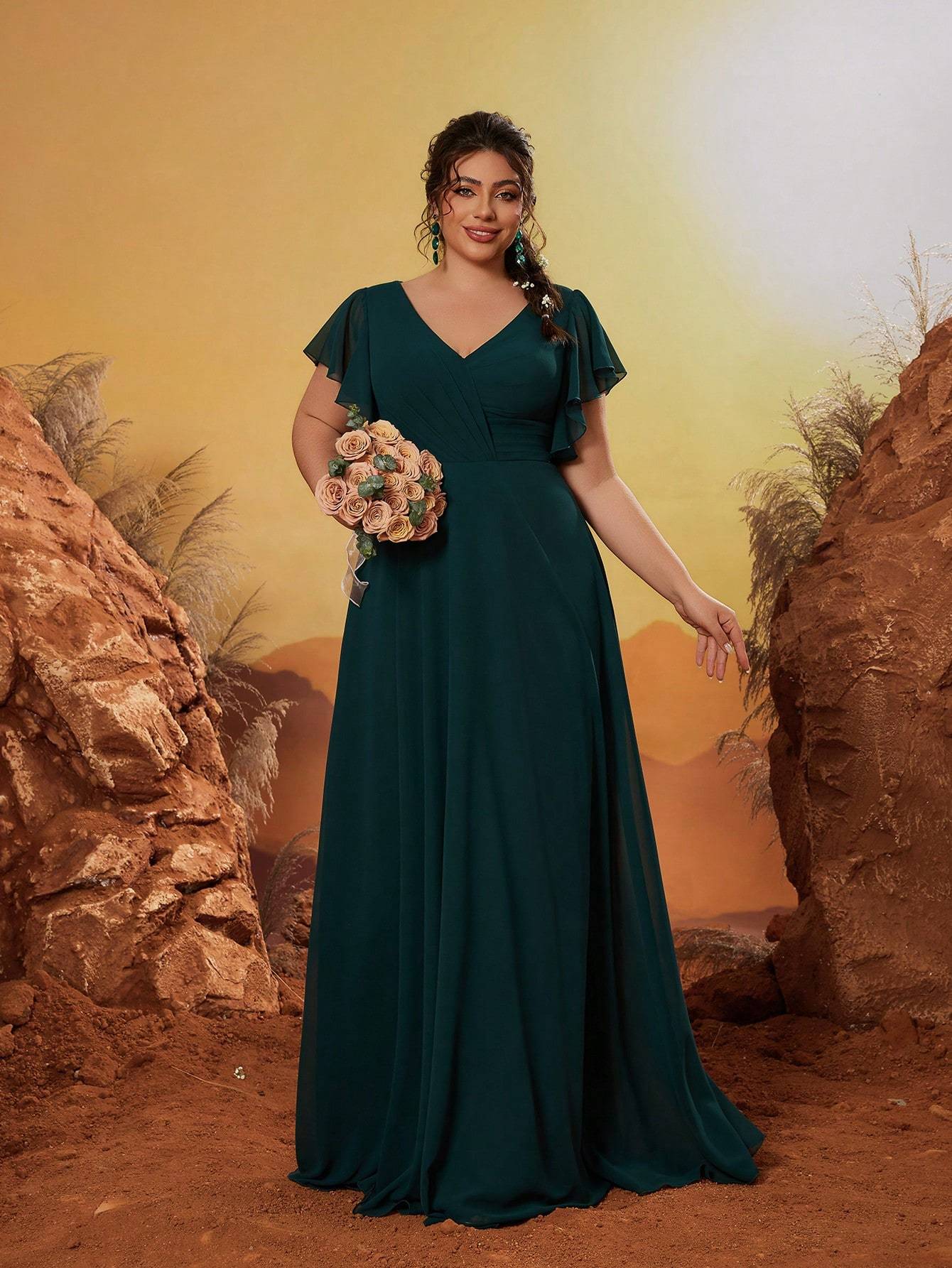 Leely Plus Women's Elegant V Neck Flounce Sleeve Party Dress