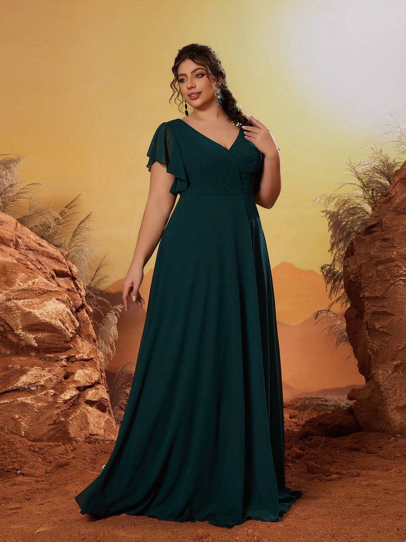 Leely Plus Women's Elegant V Neck Flounce Sleeve Party Dress
