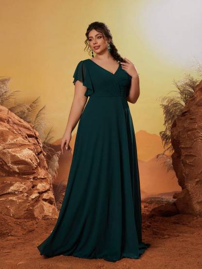 Leely Plus Women's Elegant V Neck Flounce Sleeve Party Dress