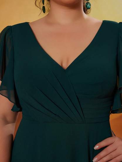 Leely Plus Women's Elegant V Neck Flounce Sleeve Party Dress