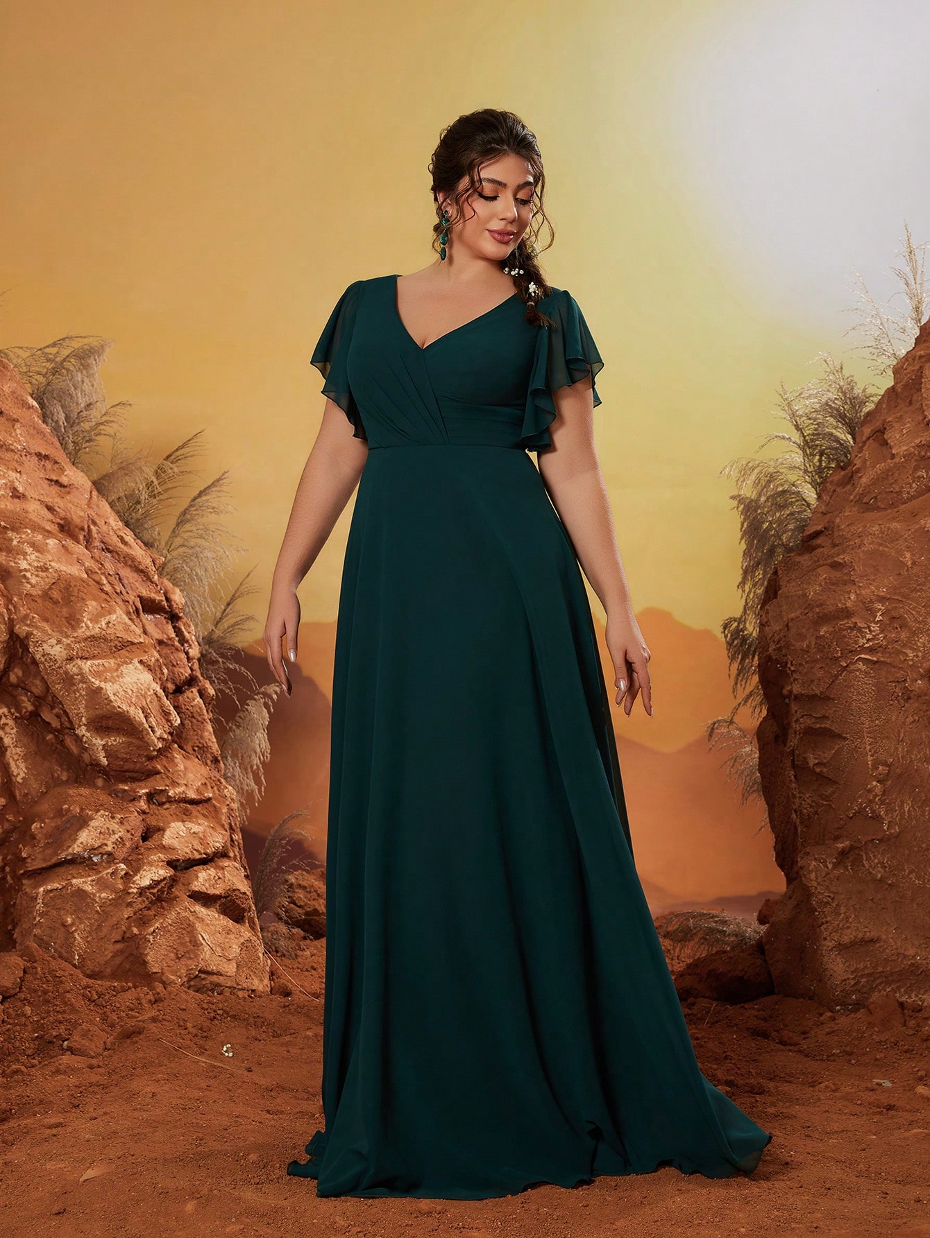 Leely Plus Women's Elegant V Neck Flounce Sleeve Party Dress