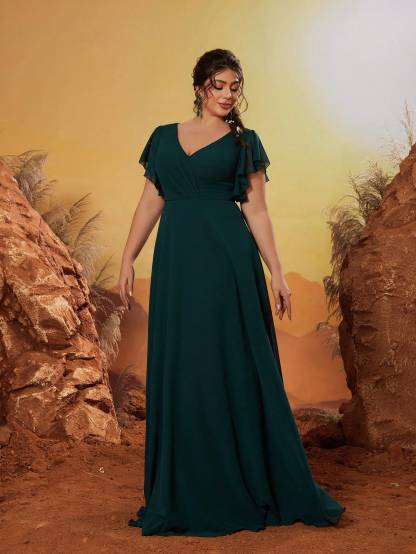 Leely Plus Women's Elegant V Neck Flounce Sleeve Party Dress