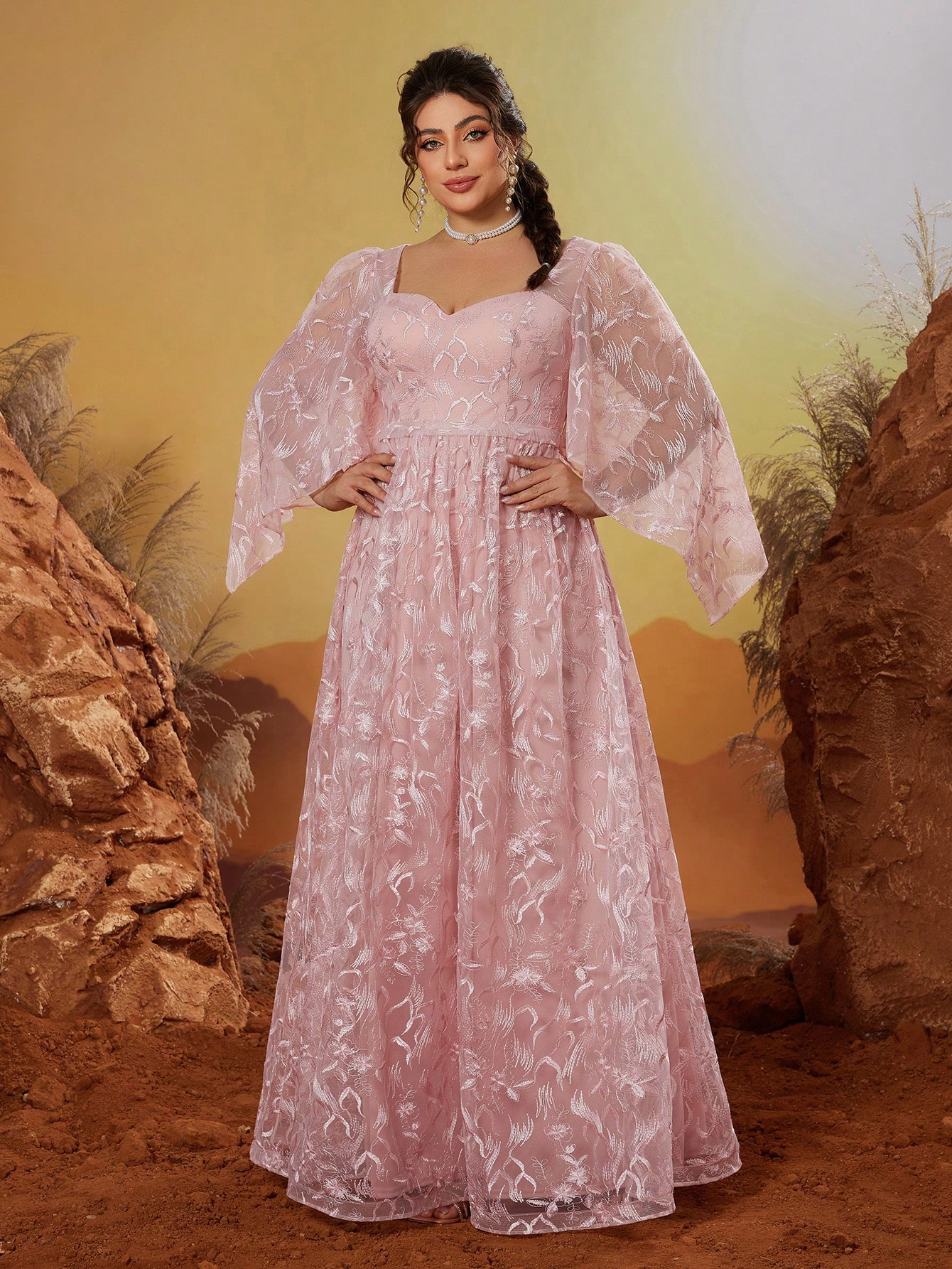 Leely Women's Elegant Sweetheart Cloak Sleeve Lace A-Line Dress