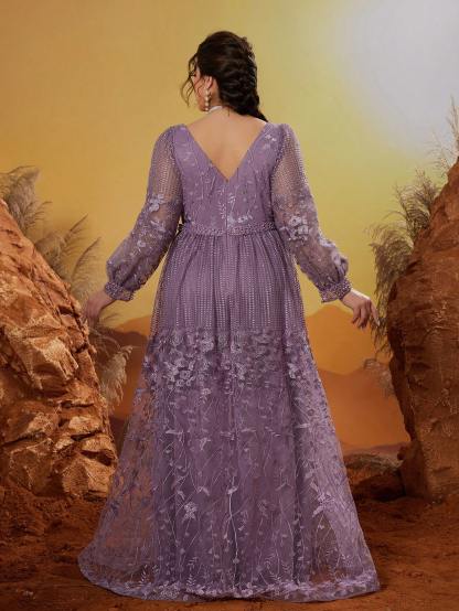 Leely Plus Women's V Neck Long Sleeve A‑Line Party Dress
