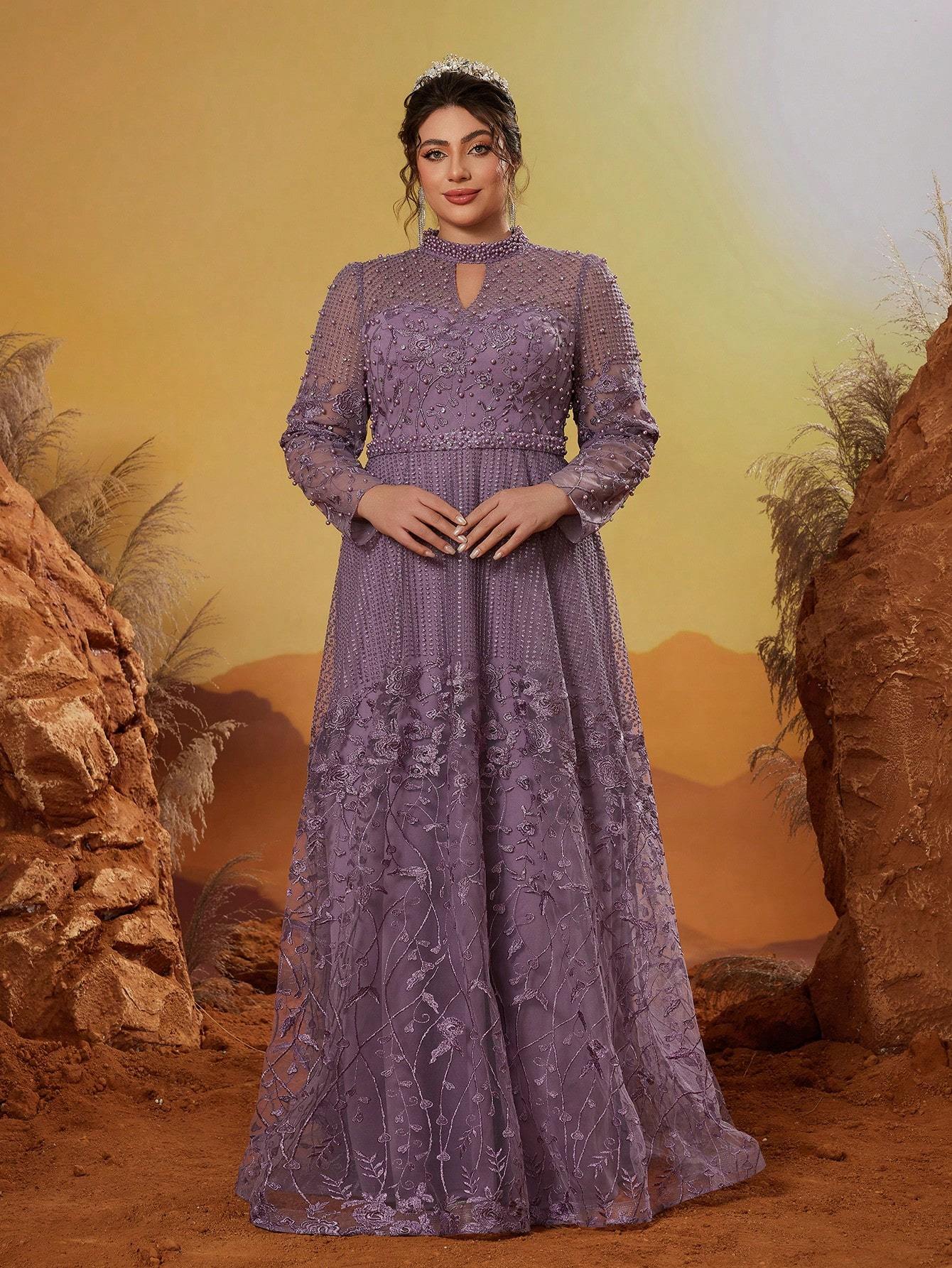 Leely Plus Women's Elegant Stand Collar Long Sleeve A-line Party Dress
