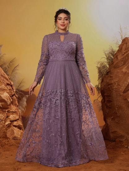 Leely Plus Women's Elegant Stand Collar Long Sleeve A-line Party Dress