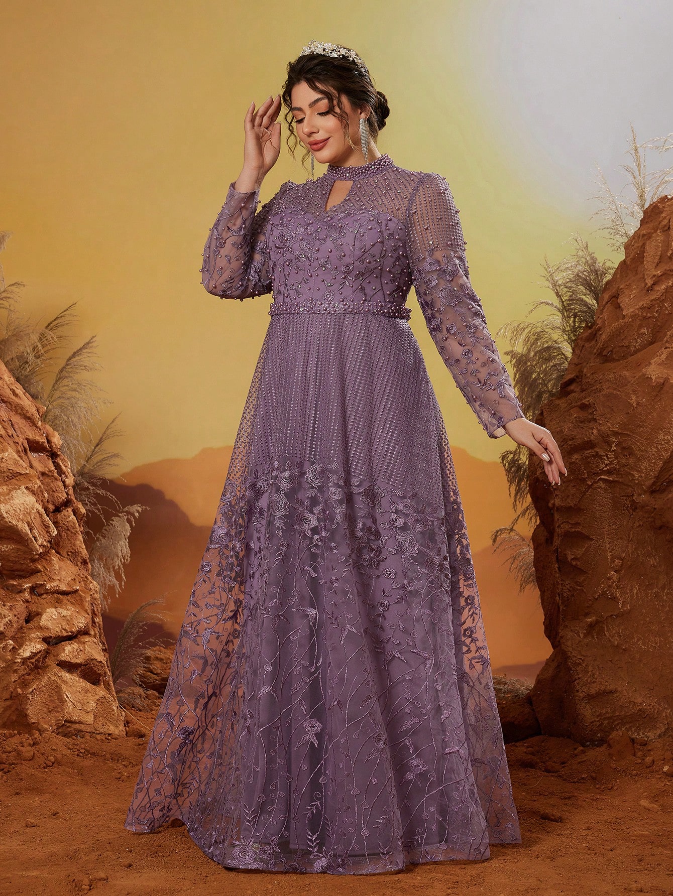 Leely Plus Women's Elegant Stand Collar Long Sleeve A-line Party Dress
